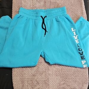 Turquoise Blue Drawstring Jogger Pants with Side 'LIVE LOVE' Accent